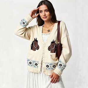 Cute Horse Print Cream Cardigan w/ Blue Floral Cuffs
